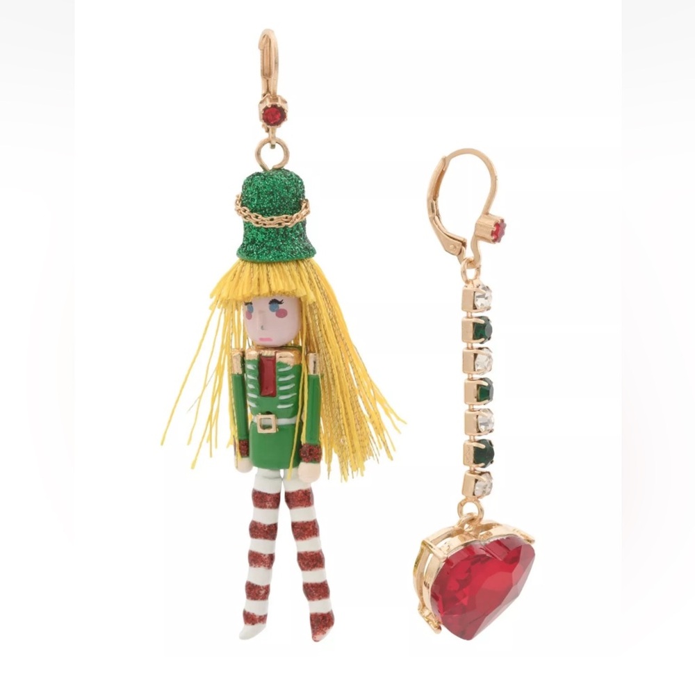 Betsey Johnson Mismatched Gold Tone Green Nutcracker & Large Red Heart Earrings